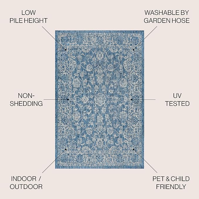 JONATHAN Y Weave Floral Indoor Outdoor Square Area Rug 8X8 Navy/Gray, Tela Bohemian Textured for Backyard, Patio, Porch, Easy-Cleaning, High Traffic, Pet-Friendly, Non-Shedding (SMB100B-8SQ)