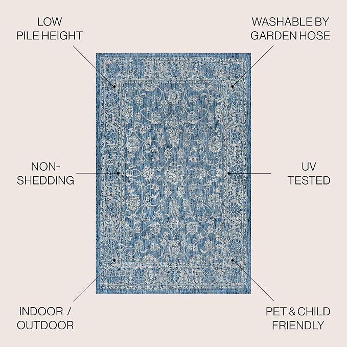 JONATHAN Y Weave Floral Indoor Outdoor Area Rug 5X8 Navy/Gray, Tela Bohemian Textured for Backyard, Patio, Porch, Easy-Cleaning, High Traffic, Pet-Friendly, Non-Shedding (SMB100B-5)