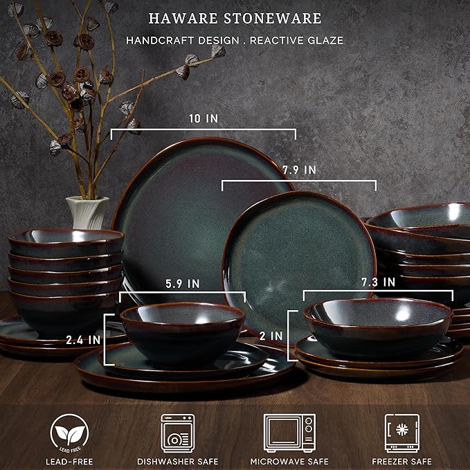 HaWare Plates and Bowls Set, Stoneware Dinnerware Sets, 24-Piece Hand-painted Dishware for 6, Ceramic Dinner Set for Home Kitchen, Scratch Resistant, Microwave and Dishwasher Safe, Reactive Moss Green