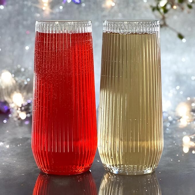 48 Pack Ribbed Origami Ripple Plastic Glasses, 24 9 Ounce Stemless Champagne Flutes & 24 12 Ounce Cups, BPA-Free Disposable Shatterproof Toasting Glasses for Weddings, Bars, and Events (Clear)