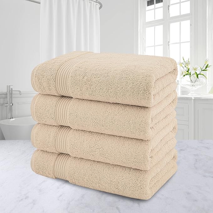 American Veteran Towel, 100% Cotton Turkish Bath Towels for Bathroom 4 Pack, 27x54 Extra Large Premium Soft Drying Bathroom Towels, Beige
