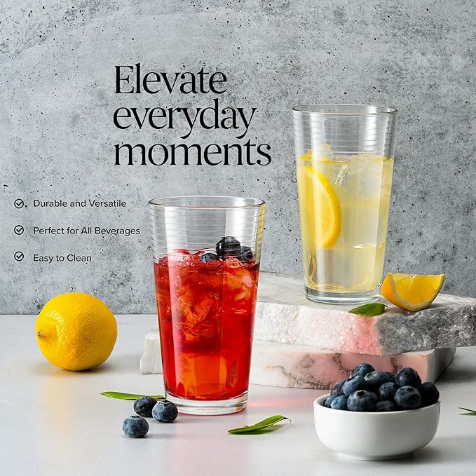 Glaver's Drinking Glasses Set of 10 Highball Glass Cups, Premium Quality 17 Oz. Coolers, Ribbed Glassware. Ideal for Water, Juice, Cocktails, and Iced Tea. Dishwasher Safe.