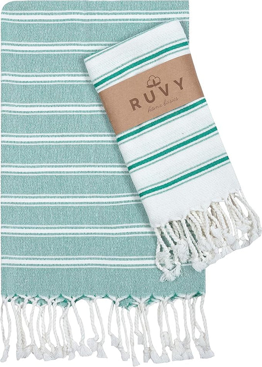 Ruvy Home Basics Turkish Hand Towels for Bathroom Set of 2 | 18"x40", Cotton | Decorative Towel for Bathroom, Kitchen, Dishcloth, Tea, Yoga, Face, Gym - Green