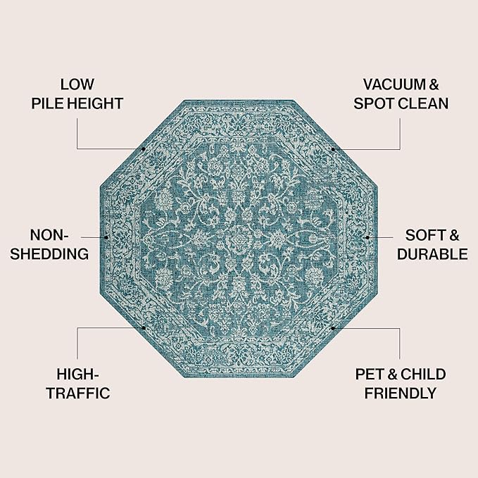 JONATHAN Y Weave Floral Indoor Outdoor Octagon Area Rug 8 Ft Teal/Gray, Tela Bohemian Textured for Backyard, Patio, Porch, Easy-Cleaning, High Traffic, Pet-Friendly, Non-Shedding (SMB100C-8TGN)