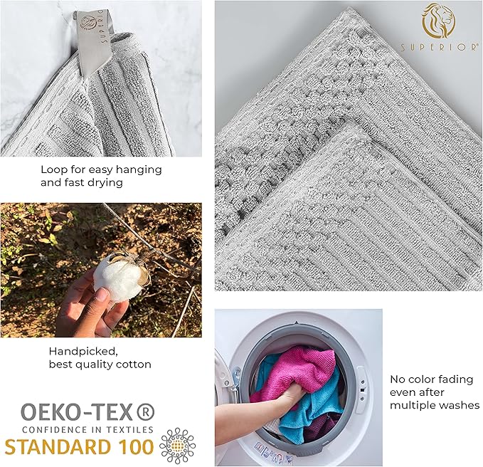 Cotton 2-Piece Solid and Ribbed Bath Sheet Set, Bath Sheets- 34" x 68", Silver by Superior