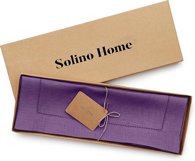 Solino Home Linen Cloth Placemats Set of 6-100% Pure Linen Hemstitch Purple Placemats 14 x 19 Inch - Classic Hemstitch Table Place Mats for Valentines, New Year