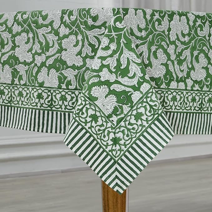 Ridhi Pantone Artichoke Hand Block Print Cotton Rectangle Tablecloth 118" x 70" inches Reusable Table Cover Decorative Everyday Use for Dining, Farmhouse, Home, Party, Festive, Wedding, Fall