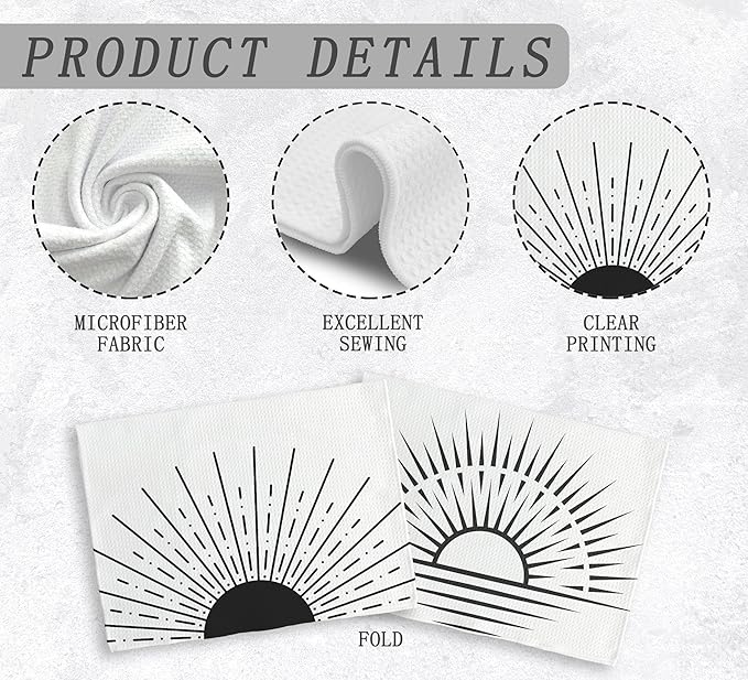 Minimalist Boho Black Sun Rising from Ocean Vintage Sunburst Sunshine Kitchen Towels and Dishcloths Sets of 2,Boho Absorbent Drying Cloth Hand Towels Tea Towels for Bathroom Kitchen,16×24 inches