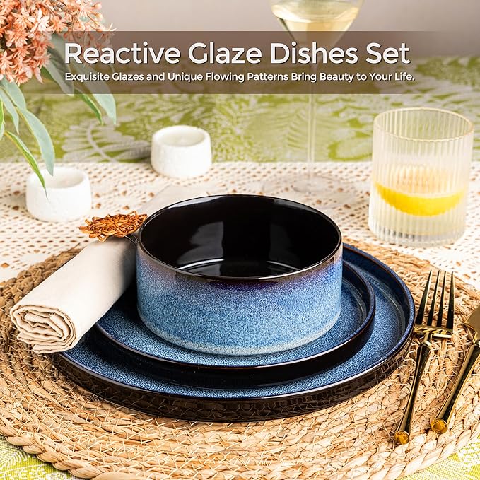 LERATIO Ceramic Dinnerware Sets for 4,Round Reactive Glaze Ceramic Plates and Bowls Set,Highly Chip and Crack Resistant | Dishwasher & Microwave Safe Dishes Set,Service for 4 (12pc)-Blue