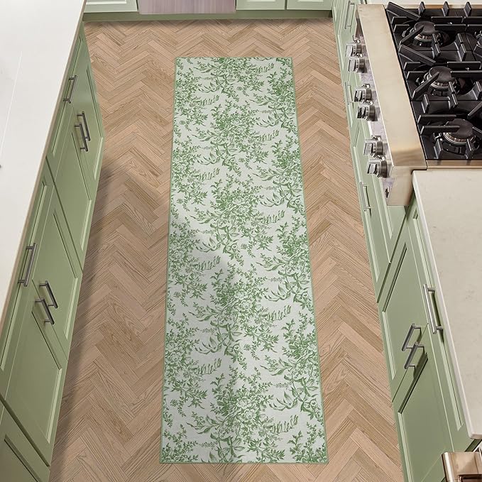 Laura Ashley Sage Ivory Bedford Floral Machine Washable & Slip Resistant 26" x 72" Runner Rug