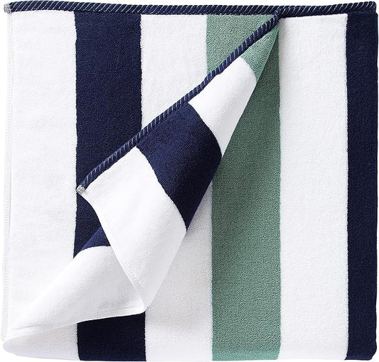 Laguna Beach Textile Co. Striped Cabana Beach Towel - Oversized, Plush 630 GSM Cotton - Midnight Blue & Seafoam Green