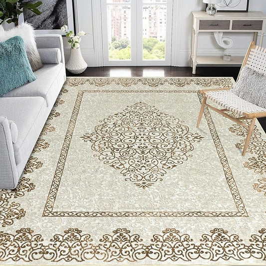 Easy-Going Area Rug 5x7 Washable Boho Neutral Rugs for Living Room Non-Slip Bedroom Rug Low Pile Lightweight Floral Brown Print Vintage Throw Rug for Dining Room Bathroom Kitchen Home Office Carpet