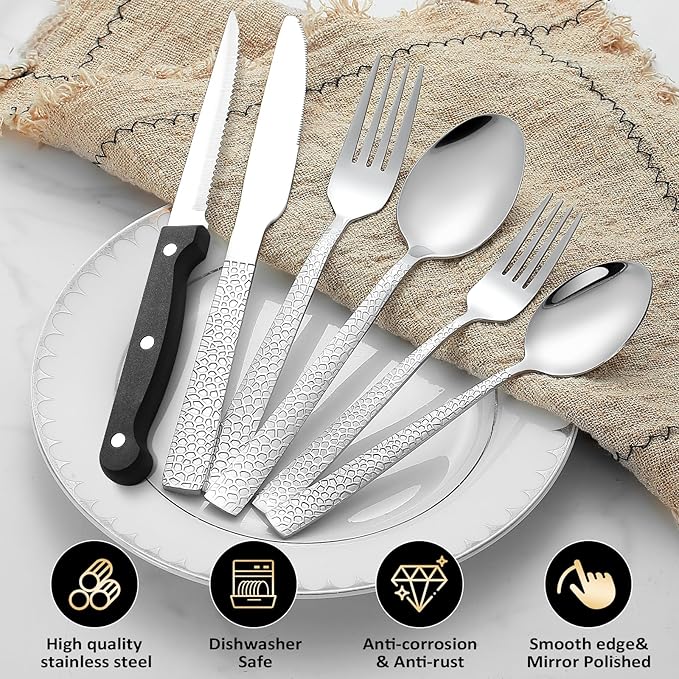 49Pcs Silverware Set with Organizer, Silver Stainless Steel Flatware Set for 8 Cutlery Utensil Sets with Steak Knives, Spoons and Forks Set, Dishwasher Safe