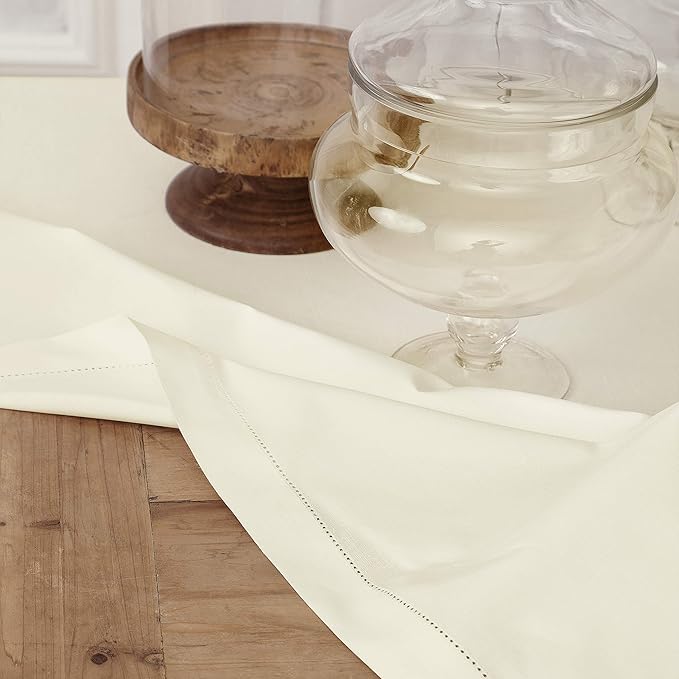 Solino Home Ivory Tablecloth 58 x 104 Inch - Cotton Linen Hemstitch Rectangular Tablecloth - Machine Washable Table Cloth for Holiday, New Year