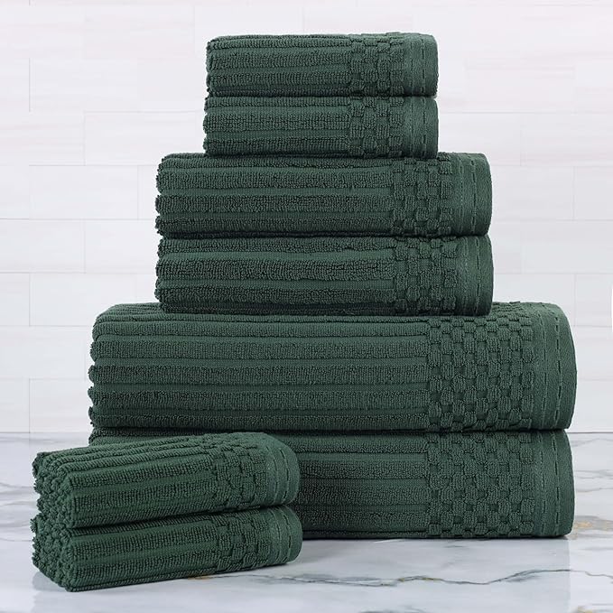 Superior 8 Piece Cotton Towel Set, Include 2 Bath Towels, 2 Hand Towels, 4 Face Towel/Washcloths, Daily Use for Bathroom, Guest Bath, Ribbed, Absorbent, Home Essentials, Soho Collection, Forest Green