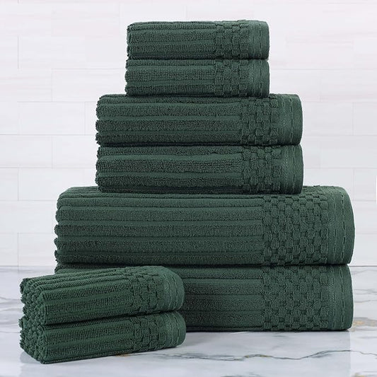 Superior 8 Piece Cotton Towel Set, Include 2 Bath Towels, 2 Hand Towels, 4 Face Towel/Washcloths, Daily Use for Bathroom, Guest Bath, Ribbed, Absorbent, Home Essentials, Soho Collection, Forest Green
