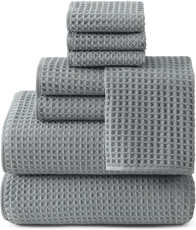 REDKISS 8 Pack Microfiber Waffle Bath Towels - Gray Waffle Towels for Bathroom, Extra Large, Highly Absorbent, Quick Dry Bath Towel Set, Lint Free Bathroom Towel for Gym, Shower, Hotel and Spa