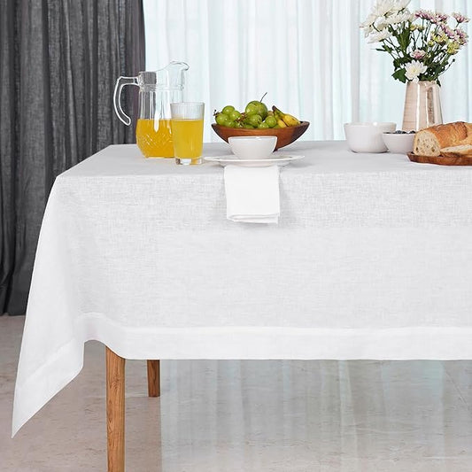 D'Moksha Homes White Tablecloth 60 x 108 Inch - 100% Pure Linen Rectangular Tablecloth - Machine Washable Table Cloth for Winter, Holiday, New Year