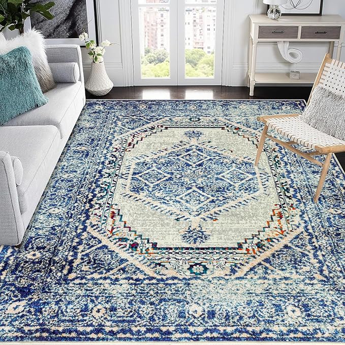 Easy-Going Area Rug 5x7 Washable Boho Rugs for Living Room Non-Slip Bedroom Rug Low Pile Lightweight Medallion Distressed Throw Rug for Dining Room Kitchen Home Office Carpet, Vintage Blue Cream