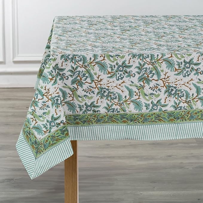 Ridhi Sage and Russian Green Hand Block Print Cotton Rectangle Tablecloth 190" x 72" inches Reusable Table Cover Decorative Everyday Use for Dining, Farmhouse, Home, Party, Festive, Wedding, Fall