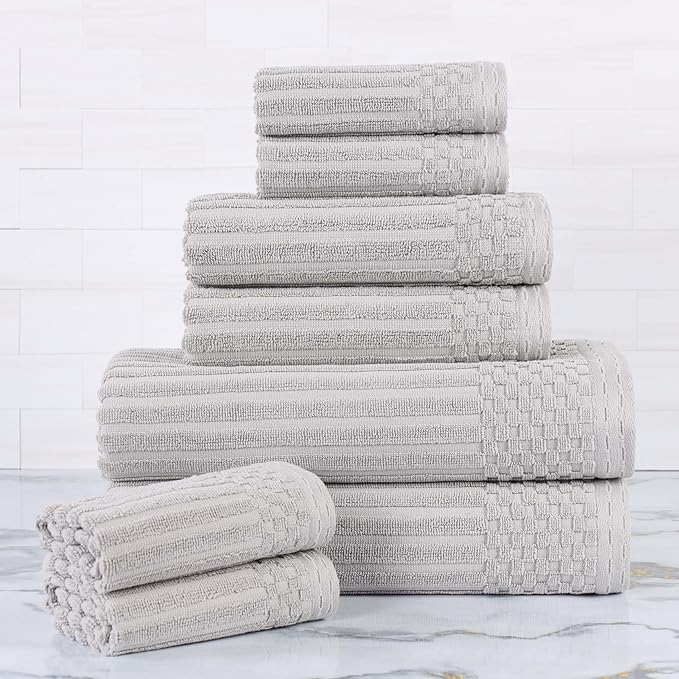 Cotton 8-Piece Solid and Ribbed Towel Set, Face Towels 13” x 13”, Hand Towels 16” x 28”, Bath Towels 27” x 54”, Silver by Superior