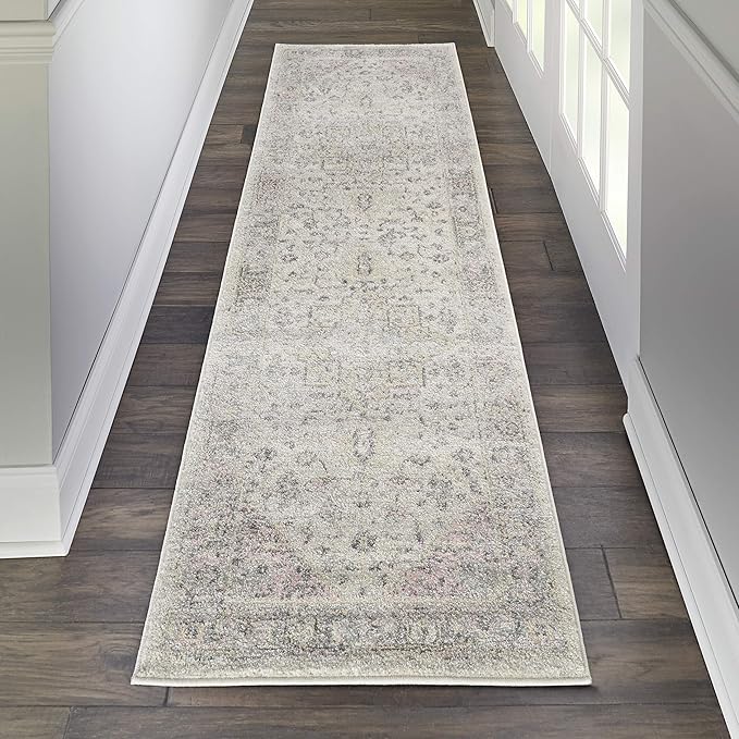 Nourison Home Tranquil Traditional Ivory/Pink 2'3" x 7'3" Area -Rug, Easy Clean, Non Shedding, Bed Room, Living Room, Dining Room, Kitchen (2x7)