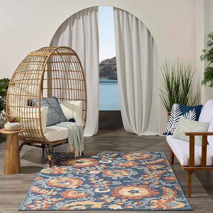 Nourison Home Aloha Blue Rose 5'3" x 7'5" Area Rug - Easy Clean, Non Shedding, Bed Room, Living Room, Dining Room, Kitchen (5' x 8')