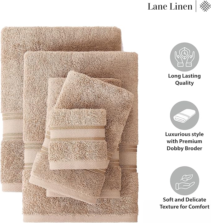 LANE LINEN Luxury Bath Towels Set - 6 Piece 100% CottonBathroom Zero Twist Shower Extra Absorbent Towel Super Soft 2 Hand Wash Cloths Taupe