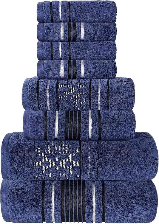 Superior Cotton 8 Piece Assorted Floral Towel Set, Includes 2 Bath, 2 Hand, 4 Washcloth/Face Towels, Quick Dry, Home Essentials, Shower, Spa, Luxury Plush Soft Absorbent Towels, Zero Twist, Navy Blue