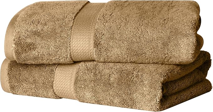 Superior Egyptian Cotton Pile Bath Towel Set of 2, Ultra Soft Luxury Towels, Thick Plush Essentials, Absorbent Heavyweight, Guest Bath, Hotel, Spa, Home Bathroom, Shower Basics, Toast