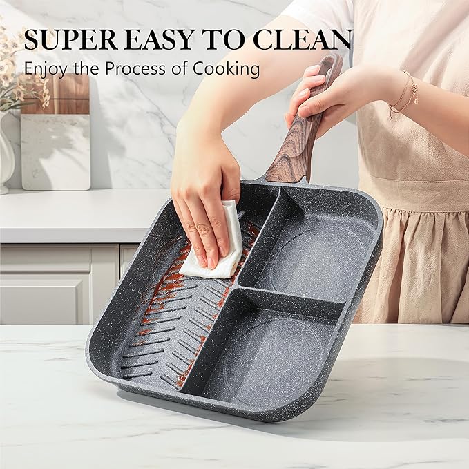 SENSARTE Nonstick Divided Grill Pan for Stove Tops, 3-Section Versatile Breakfast Grilling Pan, Durable Square Grill Skillet, Steak Griddle Pan, PFOA, PFOS, APEO Free, Induction Compatible, 9.5 Inch