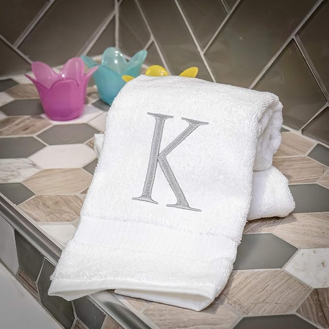 Monogrammed Hand Towels for Bathroom - Luxury Hotel Quality Personalized Initial Decorative Embroidered Bath Towel for Powder Room, Spa - GOTS Organic Certified - Set of 2 Letter K
