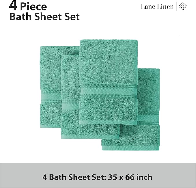 LANE LINEN Large Teal Cotton Bath Sheets, 4 Piece Set, Quick Dry, Super Soft Shower Towels, Highly Absorbent