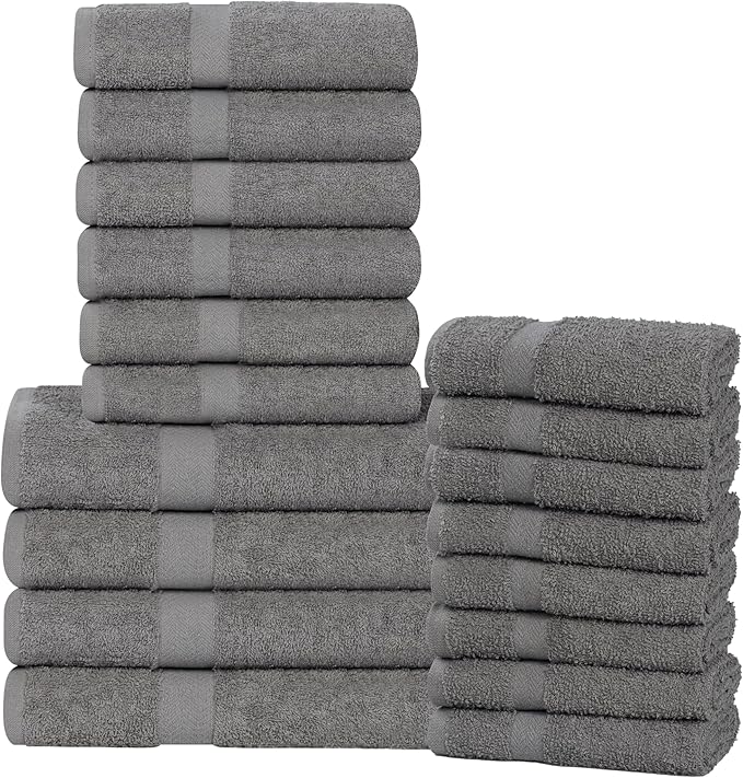 Superior 18-Piece Cotton Assorted Towel Set, Includes 8 Face/Washcloths, 6 Hand, and 4 Bath Towels, Lightweight Essentials, for Home, Gym, Beach, Bathroom, Quick Drying, Franklin Collection, Charcoal