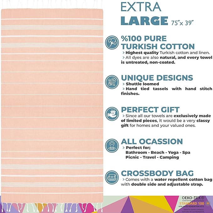 Madamelique Turkish Beach Towel with Beach Bag - 39 x 74 - Prewashed Beach Towels Oversized -%100Cotton - Quick Dry - Sand Free - Hand Loomed Turkish Bath Towels - Unique Absorbent Towel (Blush)