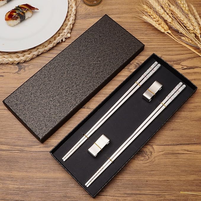 Stainless Steel Chopsticks, Titanium Plated Metal Chopsticks, 9.8" Premium Japanese Korean Color Laser Engraved Cooking Chop Sticks, Dishwasher Safe, Reusable, Anti-slip, Anti-scald, 2 Pairs Gift Set