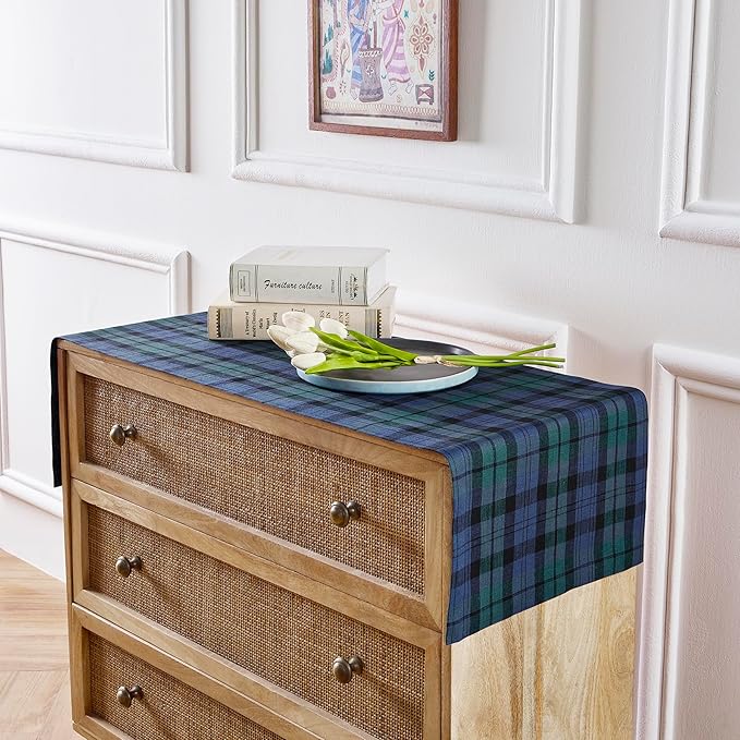 Solino Home Linen Plaid Table Runner 48 Inches - 100% Pure Linen Blackwatch Blue and Green Short Table Runner 14 x 48 Inch Ideal for Dresser and Coffee Tables
