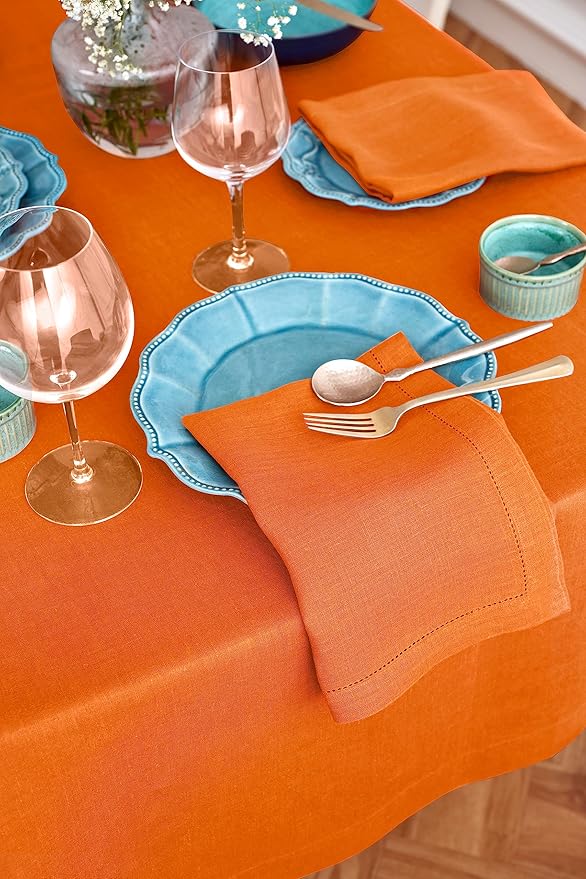 Solino Home Linen Tablecloth for Rectangle Tables 70 x 108 Inch - 100% Pure Linen Pumpkin Table Cloth - Sonoma, Machine Washable Cloth Tablecloth for Holiday, New Year