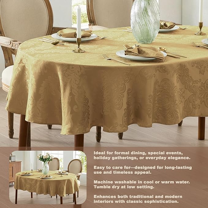 Newbridge Christmas Barcelona Damask Fabric Tablecloth, 60 x 84 Inch Oval, Gold – No Iron, Soil Resistant Table Cover for Dining, Parties and Holidays