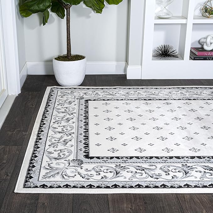 JONATHAN Y Acanthus French Border Cream/Light Gray Indoor Area Rug, 4x6, Vintage, Bohemian, Easy-Cleaning for Living Room, Bedroom, Kitchen, Pet Friendly, Non-Shedding (MDP504B-4)