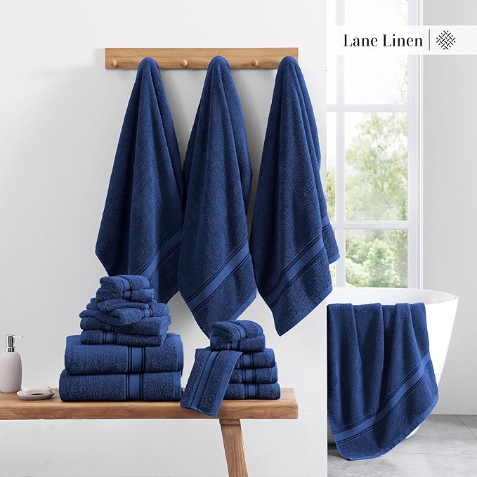LANE LINEN 100% Mercerized Cotton Towels Set 12 – Zero Twist, 4 Bath Towels, 4 Hand Towel & 4 Washcloths, Stays Plush After Washes, Ideal for Spa, Hotel & Family Bathrooms, Highly Absorbent – Navy