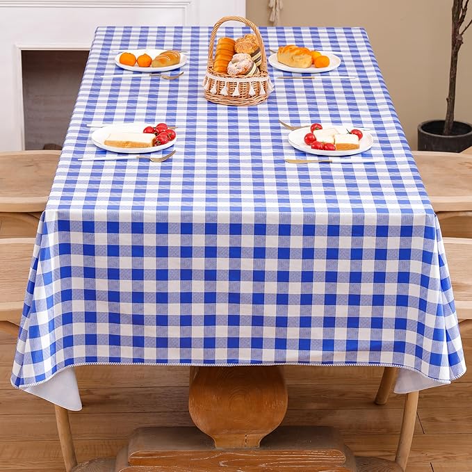 Heavy Duty Vinyl Tablecloth with Flannel Backing Waterproof Oil-Proof Plastic Table Cloth Stain-Resistant Wipeable Rectangle or Square Table Cover for Indoor and Outdoor (Blue Checkered, 60x84 Inch)