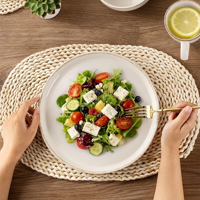 AmorArc Ceramic Dinnerware Sets for 4, 12 Pieces Handpainted Plates and Bowls Set with Rustic Terracotta Underside, Scratch Resistant Stoneware Dishes Set, Dishwasher & Microwave Safe, Beige