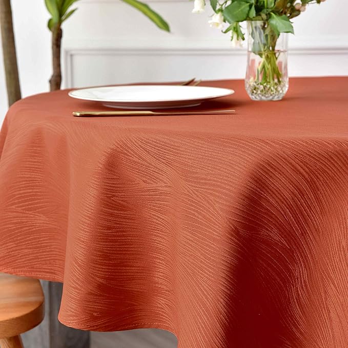 maxmill Jacquard Round Table Cloth Swirl Design Waterproof Antiwrinkle Heavy Weight Soft Tablecloths for Fall Harvest Thanksgiving Dinner Circular Table Cover Dinning Tabletop, Round 70 Inch Rust