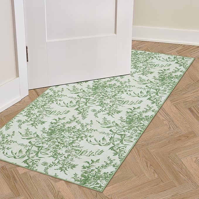 Laura Ashley Sage Ivory Bedford Floral Machine Washable & Slip Resistant 2 Piece Set - 26" x 45" Accent Rug & 26" x60" Runner Rug