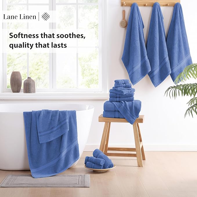 LANE LINEN Bathroom Towels Set of 18 – Zero Twist, 100% Mercerized Cotton, 6 Bath, 6 Handtowel & 6 Washcloths, Luxury Hotel Design, Perfect for Salon & Guests, Machine Washable – Cerulean Blue