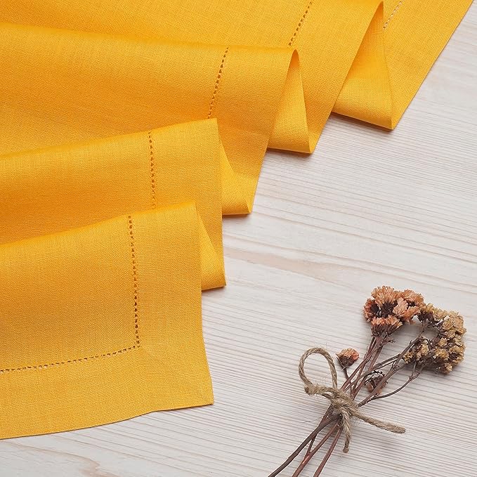 D'Moksha Homes Linen Sunflower Yellow Table Runner 120 Inches Long - 100% Pure Linen Hemstitch 14 x 120 Inch Table Runner for Dining, Winter, Holiday, New Year - Classic Hemstitch