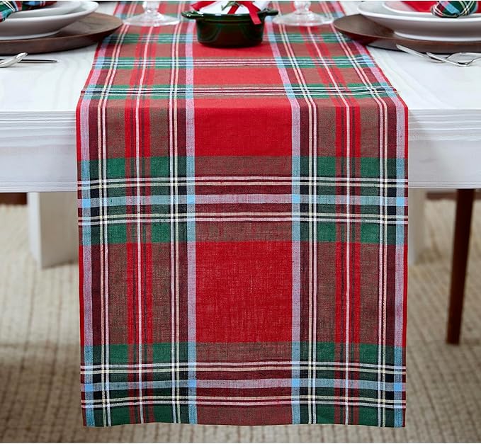 Solino Home Table Runner 120 Inches Long - 100% Pure Linen Red Madras Holiday Tartan Plaid Table Runner 14 x 120 Inch for Dining, New Year