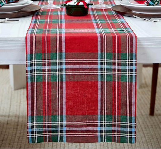 Solino Home Linen Tartan Plaid Table Runner 48 Inches - 100% Pure Linen Red Madras Holiday Plaid Short Table Runner 14 x 48 Inch Ideal for Dresser and Coffee Tables