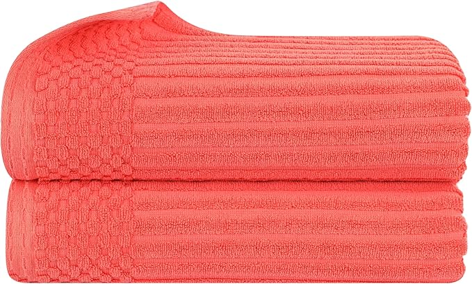 Cotton 2-Piece Solid and Ribbed Bath Sheet Set, Bath Sheets- 34" x 68", Coral by Superior